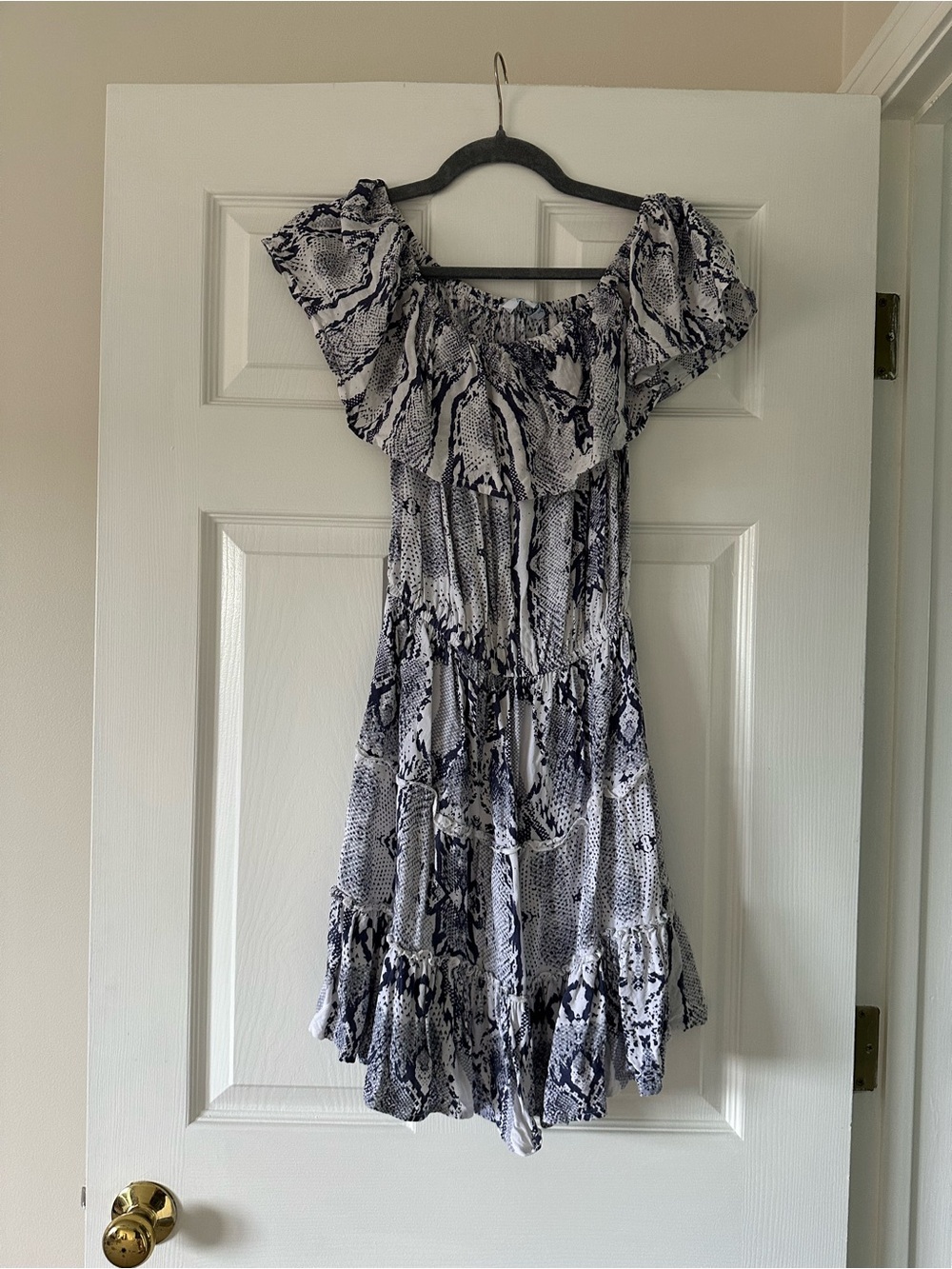 Navy & White Snake-Print Off-Shoulder Women's Dress